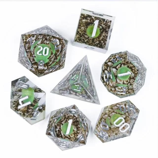 Green Dragon Egg in Clear Filled Sharp Resin - 7pcs RPG Dice Set