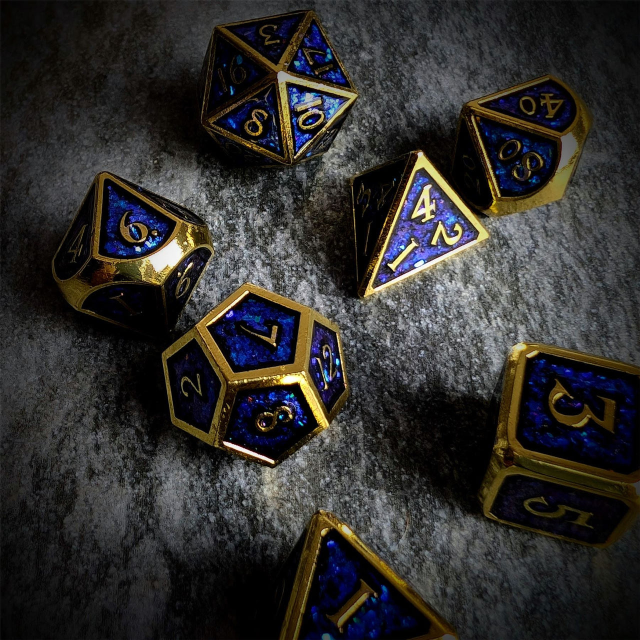 Glitter Blue Enamel in Gold Metal - 7pcs RPG Dice Set