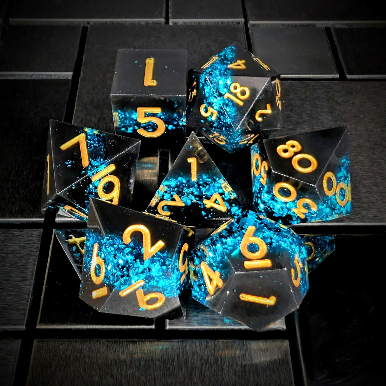 Blue Band in Black Filled Sharp Resin - 7pcs RPG Dice Set