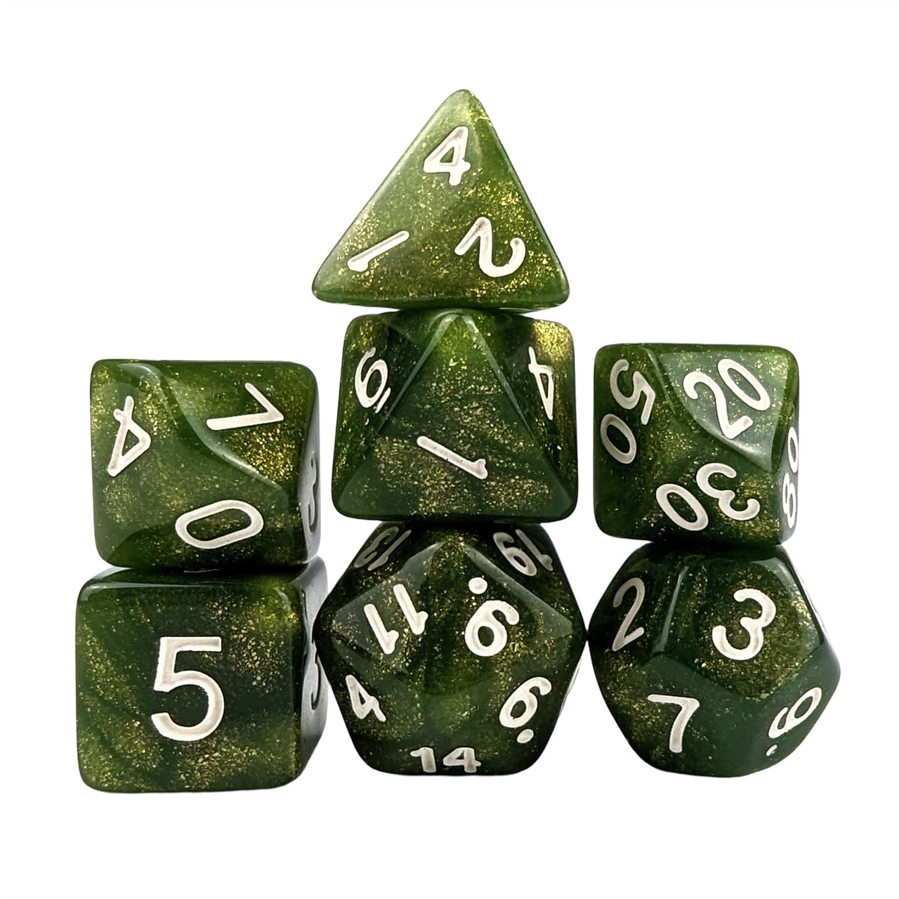 Glitter in Green Acrylic - 7pcs RPG Full Dice Set White Stack