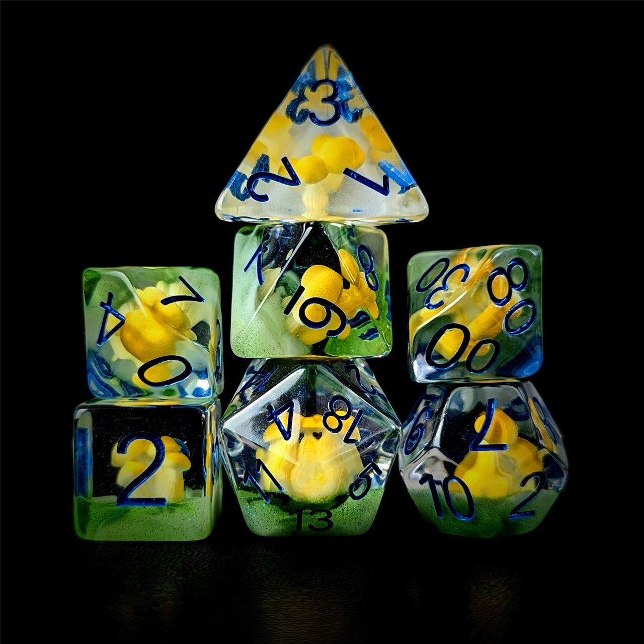 Yellow Mashroom in Clear & Green Resin - 7pcs RPG Full Dice Set