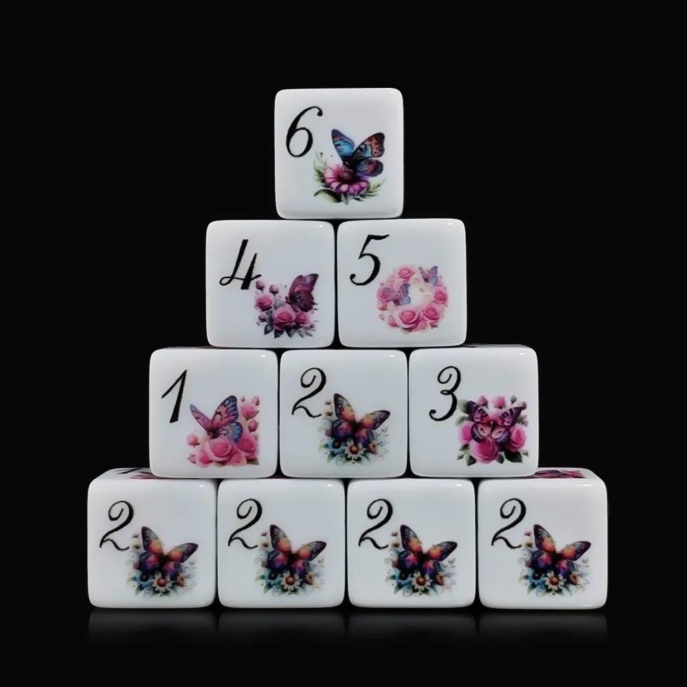 6pcs D6 16mm Dice Acrylic Printed Flower Butterfly Black Font White