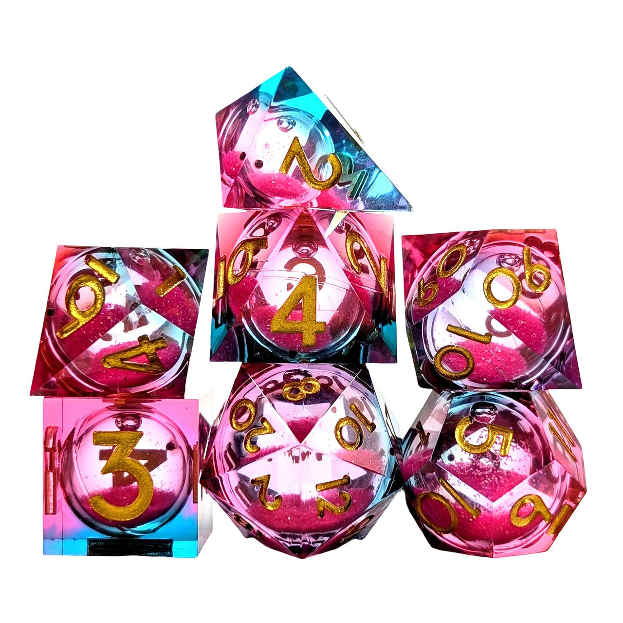 7pcs Dice Sharp Filled Liquid Gold Font Blue Pink