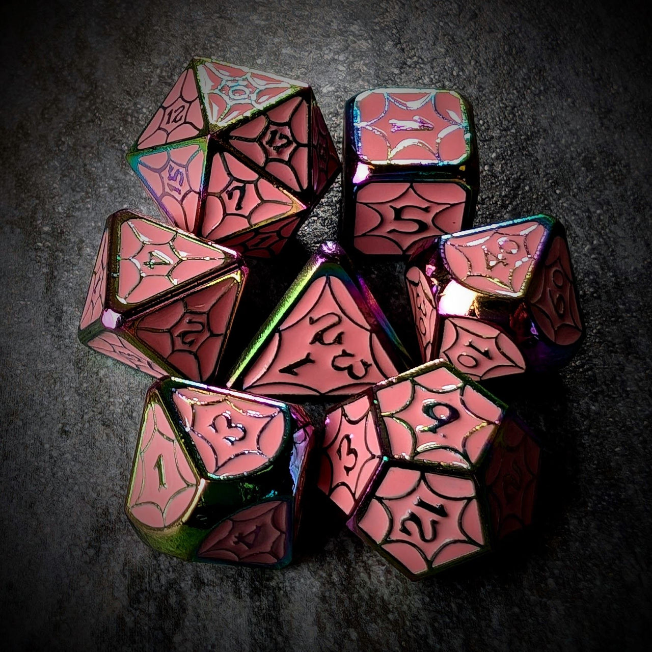 Pink Spider's Web in Rainbow Metal - 7pcs RPG Dice Set