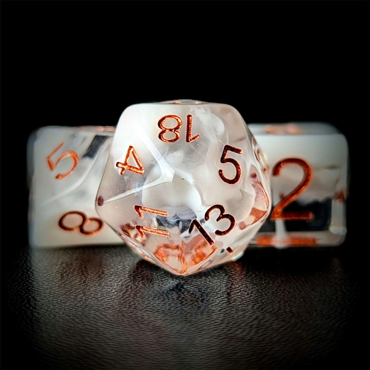 White Swirl in Clear Resin - 7pcs RPG Full Dice Set