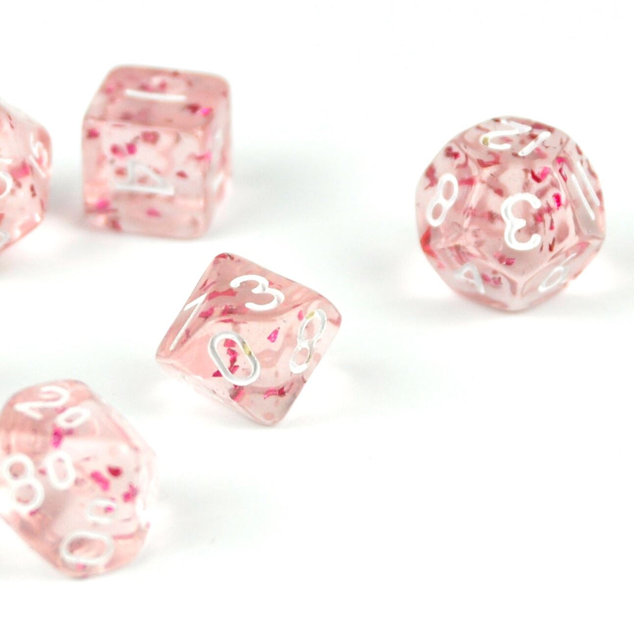 Glitter in Clear & Pink Acrylic - 7pcs RPG Mini Dice Set