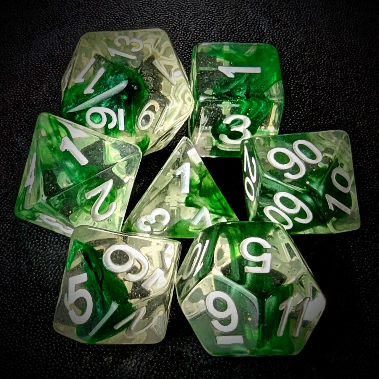 Green Swirl in Clear Resin - 7pcs RPG Full Dice Set