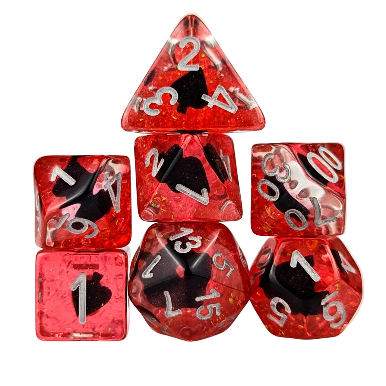 Spades in Clear & Red Resin - 7pcs RPG Full Dice Set