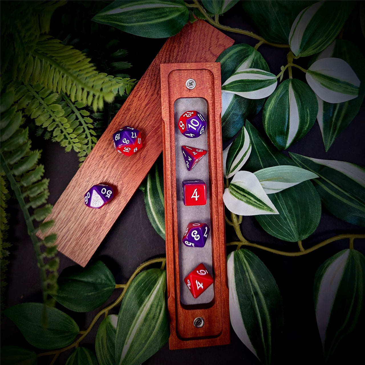 Blend of Red & Purple Acrylic - 7pcs RPG Full Dice Set Box Setup