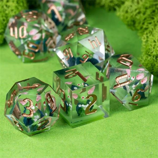 Goblin in Green & Clear Filled Sharp Resin - 7pcs RPG Dice Set