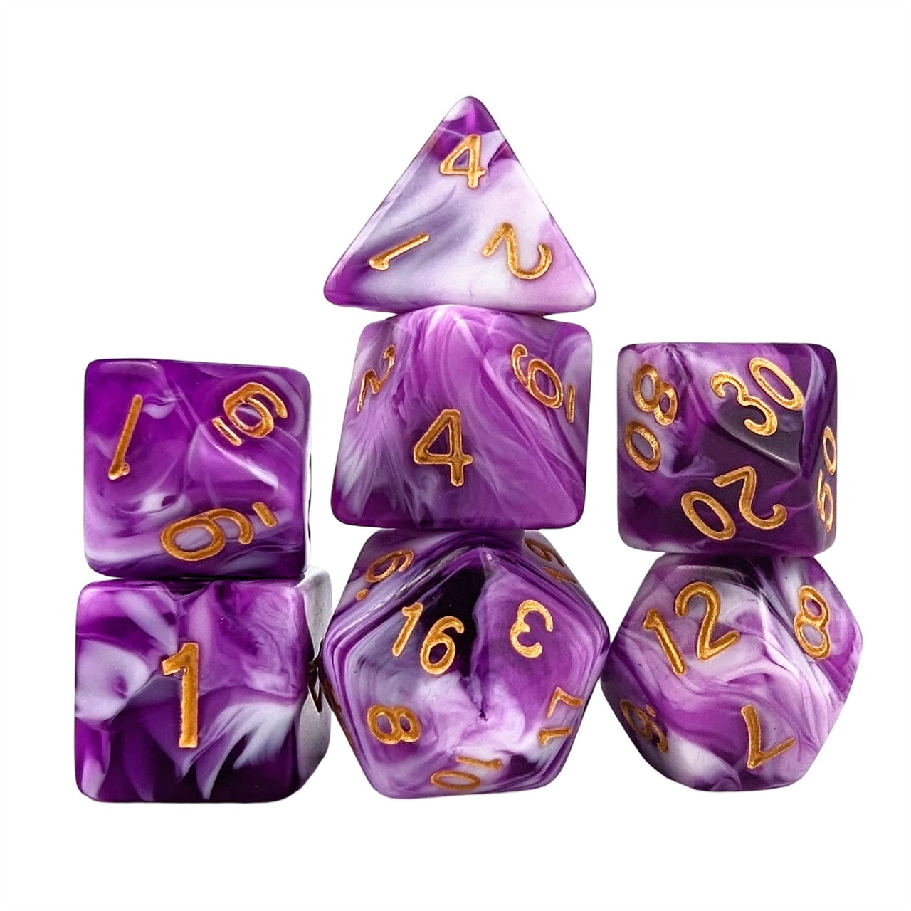 Blend of Purple & White Acrylic - 7pcs RPG Full Dice Set White Stack