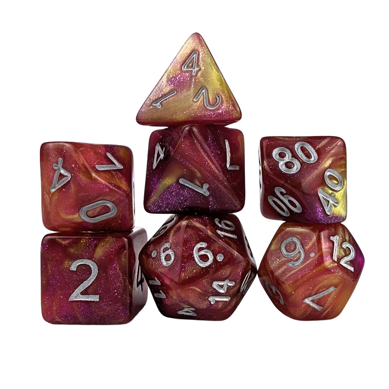 Glitter in Pink & Yellow Acrylic - 7pcs RPG Full Dice Set White Stack