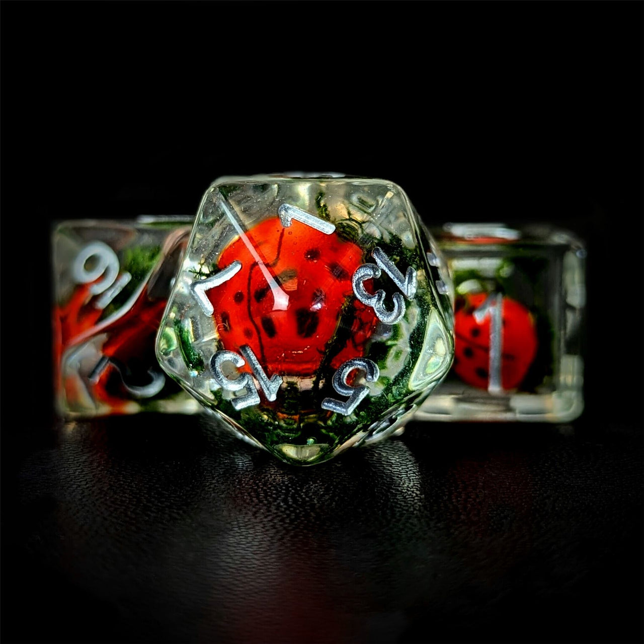 Ladybird in Moss Clear Resin - 7pcs RPG Full Dice Set