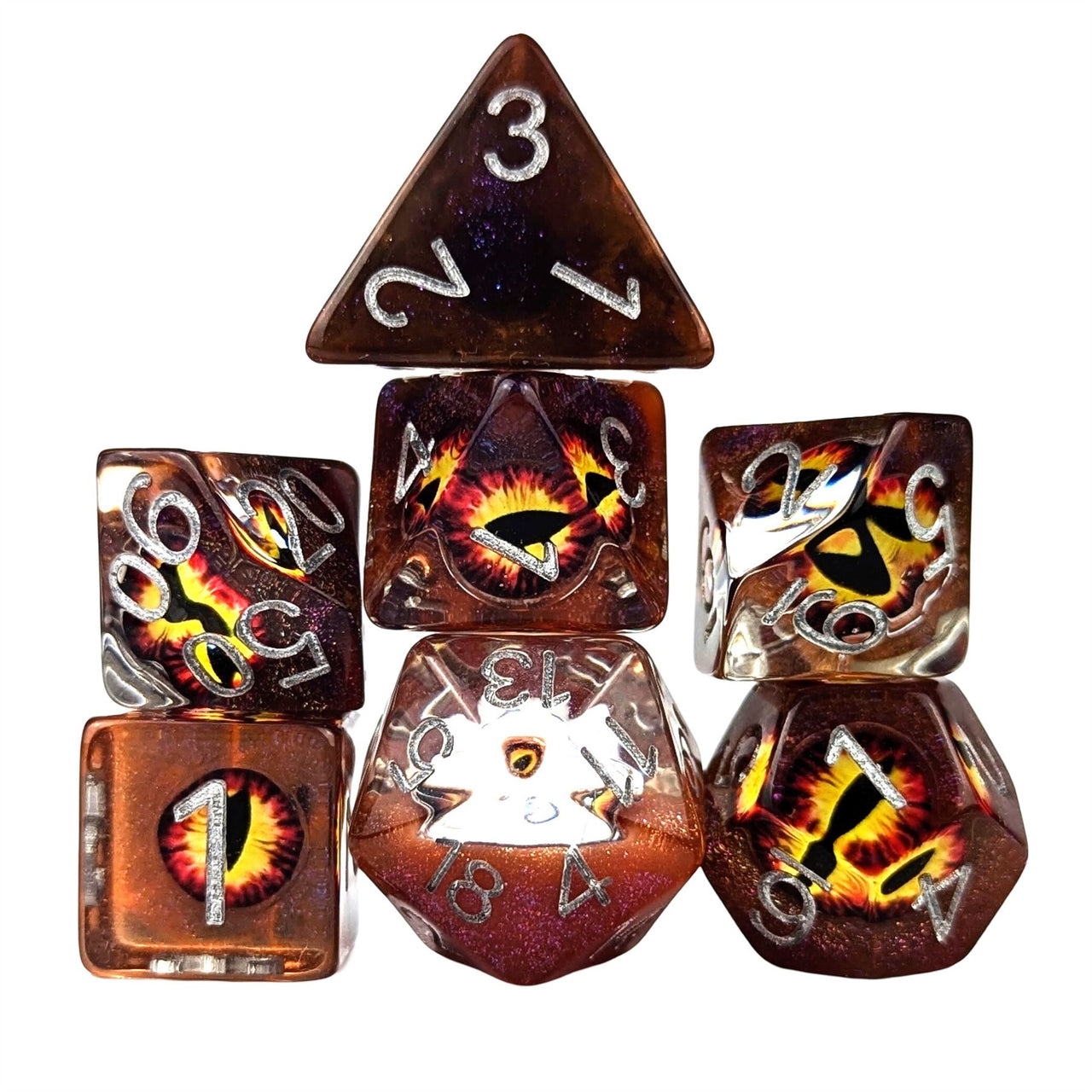 Demon Eye in Clear Orange & Brown Resin - 7pcs RPG Full Dice Set