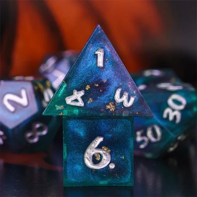 Glitter & Foil in Purple, Blue & Teal Sharp Resin - 7pcs RPG Dice Set