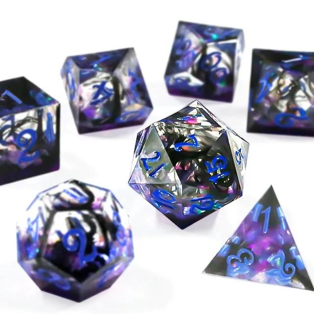 Black Swirl in Purple & Black Sharp Resin - 7pcs RPG Dice Set