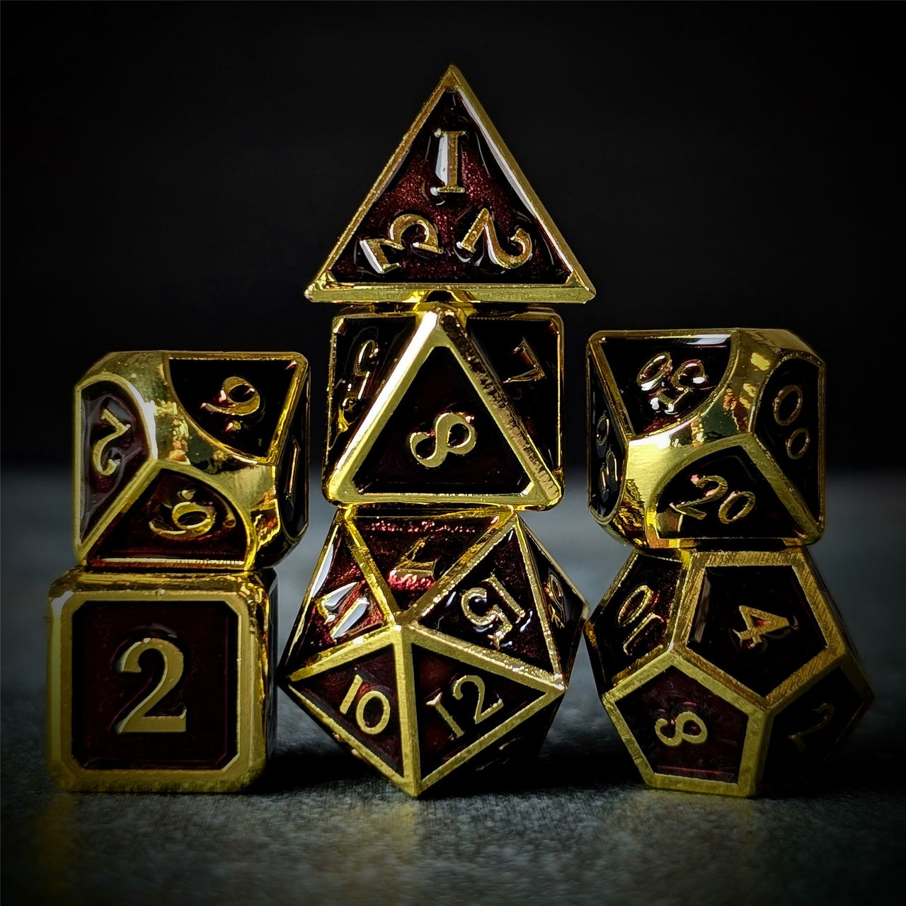 Purple Enamel in Gold Metal - 7pcs RPG Dice Set