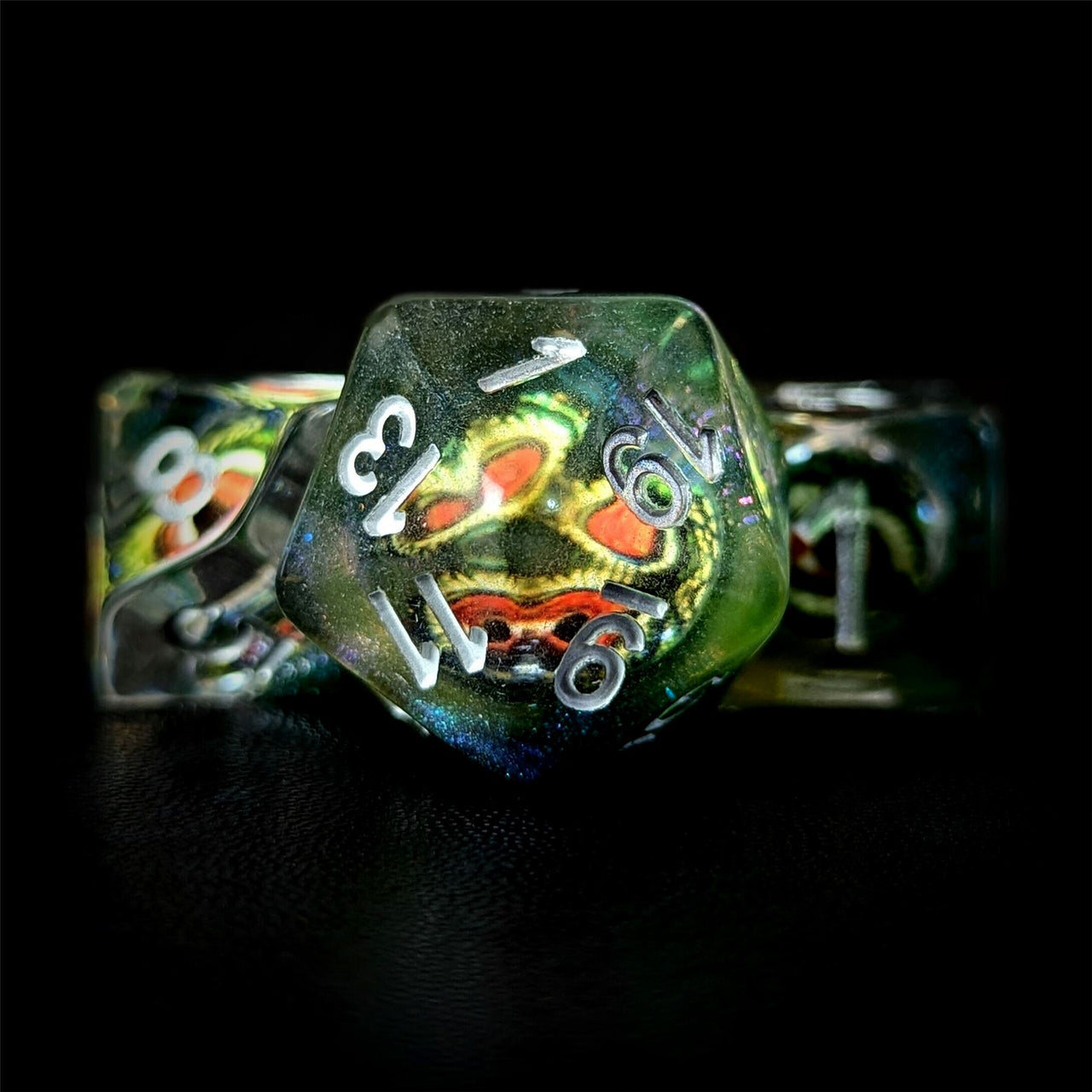 Demon Eye in Clear & Green Resin - 7pcs RPG Full Dice Set