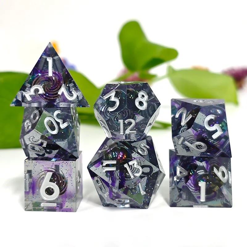 Bead Swirl in Purple & Clear Filled Sharp Resin - 7pcs RPG Dice Set