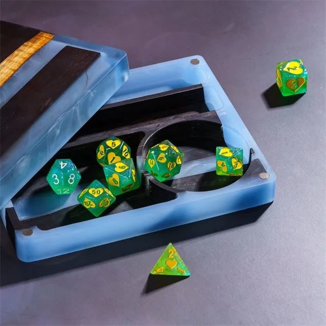 Blue Resin on Wood with 7 Slots - Magnetic Dice Storage