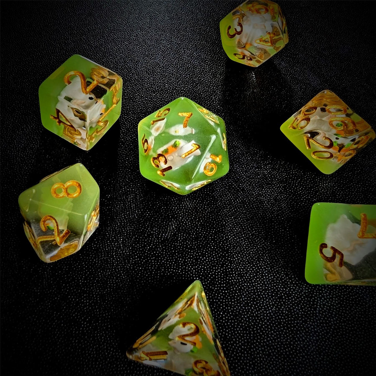 Rabbit in Clear & Green Resin - 7pcs RPG Full Dice Set