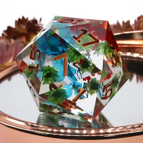 D20 Dice Sharp 33mm Flowers Copper Font Green Blue
