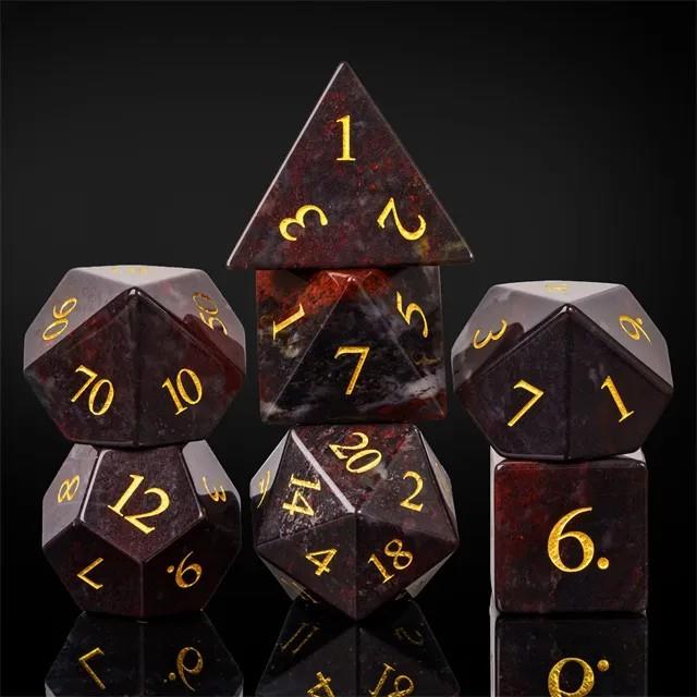 7pcs Dice Gem Stone Bloodstone Splatter Gold Font Red Black