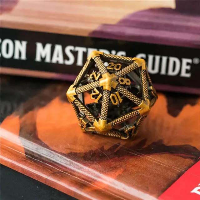 Dragon in Washed Gold Metal - Hollow D20 RPG Dice