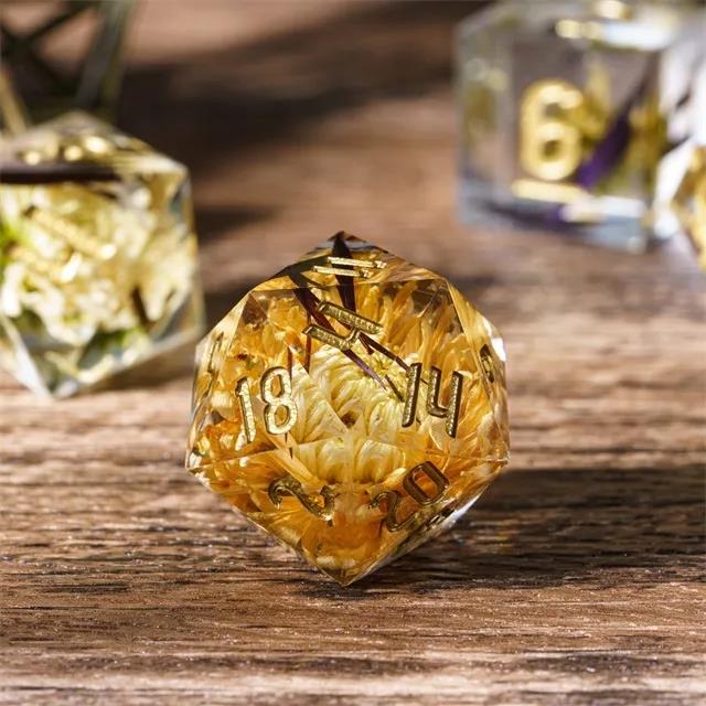 Yellow Flower in Clear Filled Sharp Resin - 7pcs RPG Dice Set