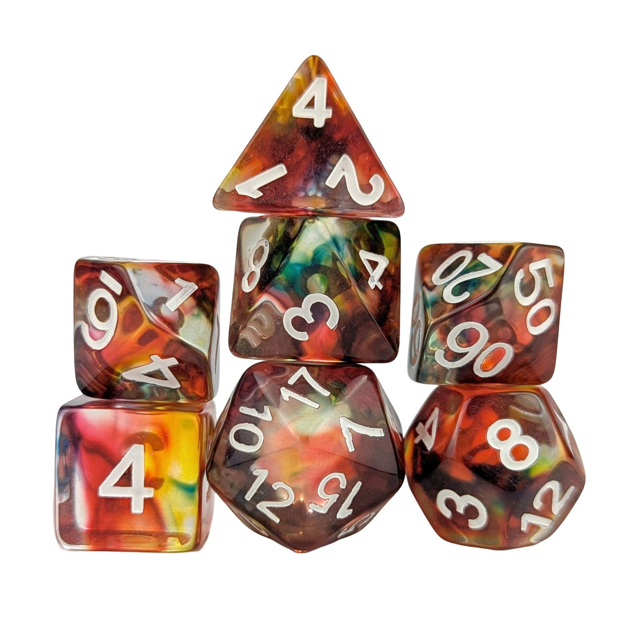 Red & Black with Blue Swirl in Clear Resin - 7pcs RPG Full Dice Set