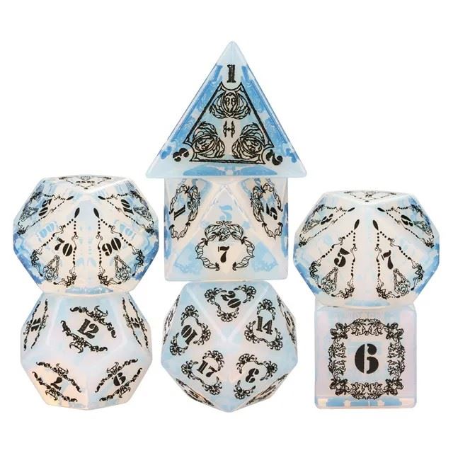 Skulls on White Opalite Gemstone - 7pcs RPG Dice Set