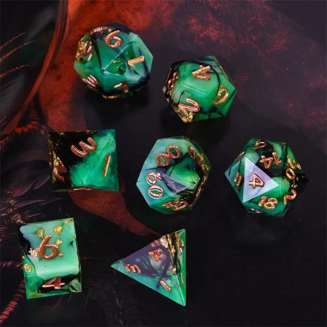 Swirl & Foil in Black & Green Sharp Resin - 7pcs RPG Dice Set