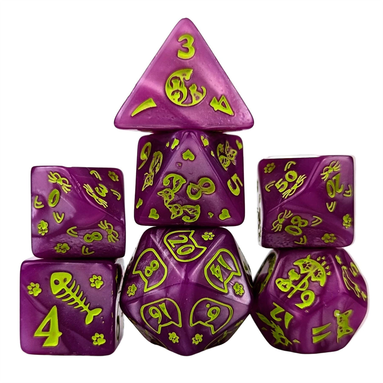 Yellow Cats on Pink Acrylic - 7pcs RPG Full Dice Set