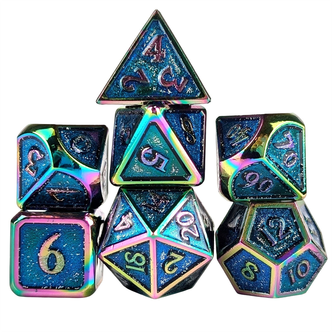 Glitter Blue Enamel in Rainbow Metal - 7pcs RPG Dice Set