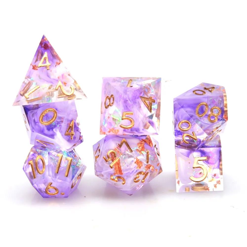 Purple Swirl in Clear with Copper Candy Sharp Resin - 7pcs RPG Dice Set