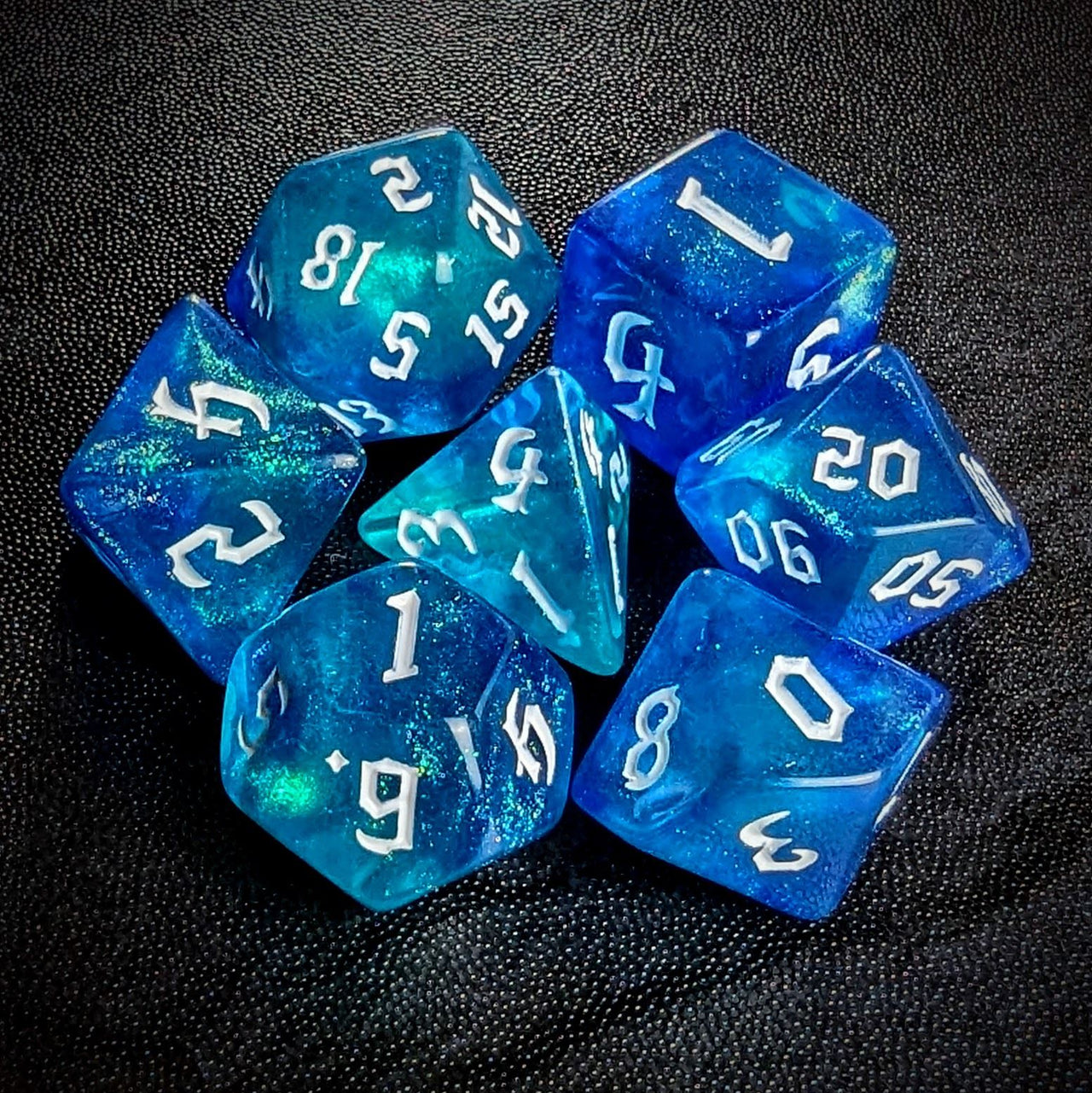 Glitter in Blue & Cyan Acrylic - 7pcs RPG Full Dice Set Top