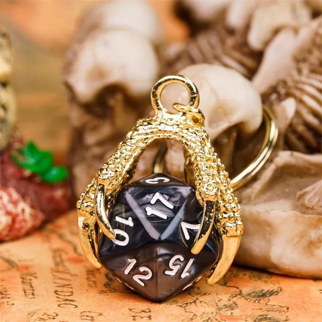 Black & White Acrylic in  Gold Metal Claw - D20 Keyring