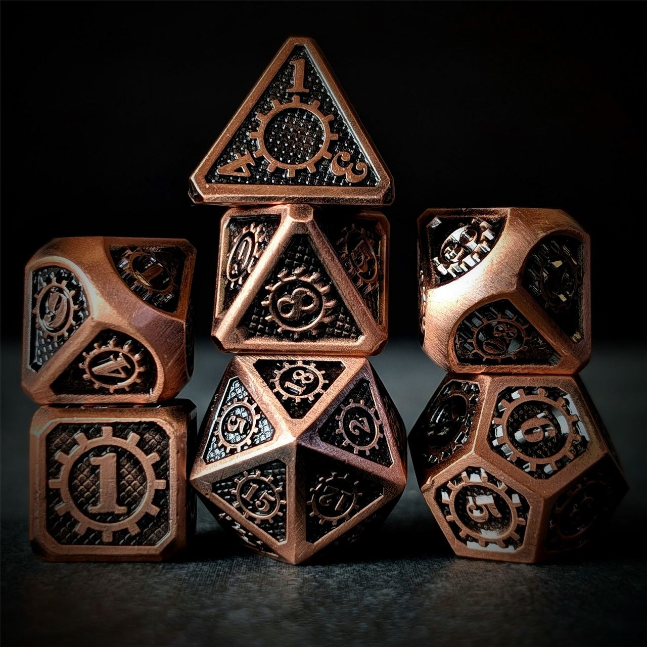 Gear in Copper Metal - 7pcs RPG Dice Set