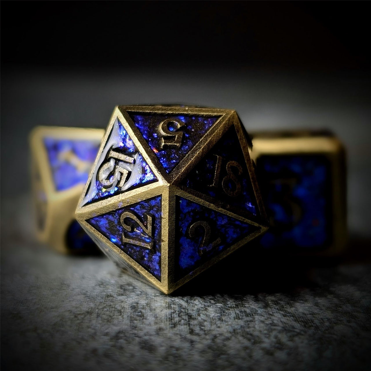 Glitter Blue Enamel in Bronze Metal - 7pcs RPG Dice Set