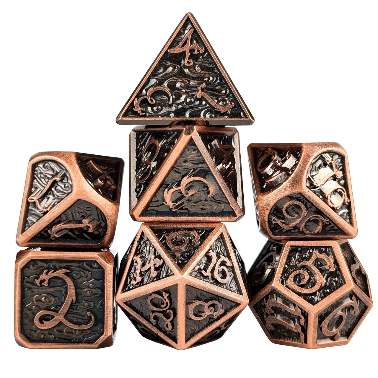 Copper Metal with Dragon Font - 7pcs RPG Dice Set