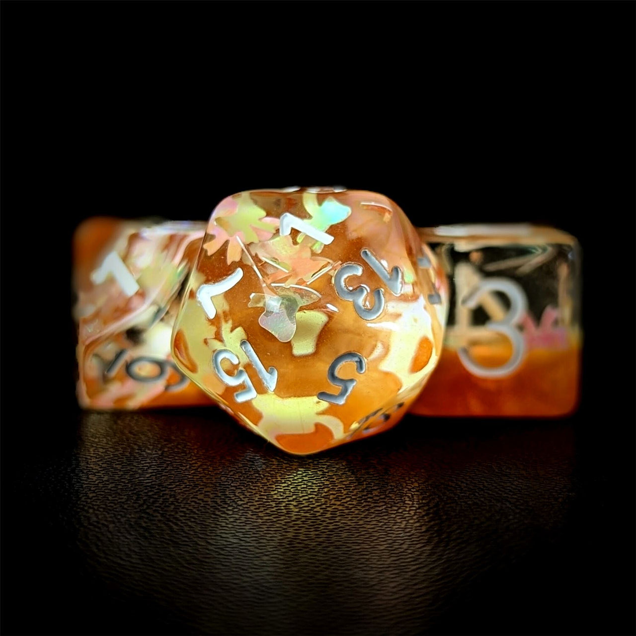 Bow in Clear & Orange Resin - 7pcs RPG Full Dice Set