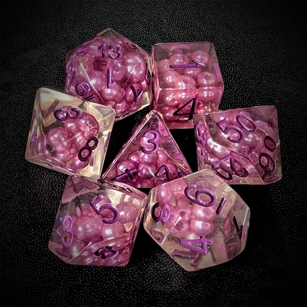 Purple Pearls in Clear Resin - 7pcs RPG Full Dice Set