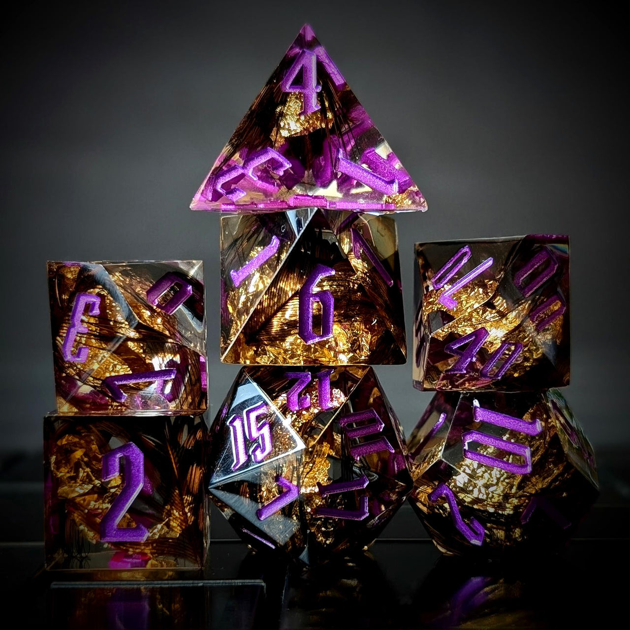 Foil Feather Black & Clear Filled Sharp Resin - 7pcs RPG Dice Set
