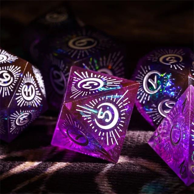 Moon on Purple with White Swirl Sharp Resin - 7pcs RPG Dice Set