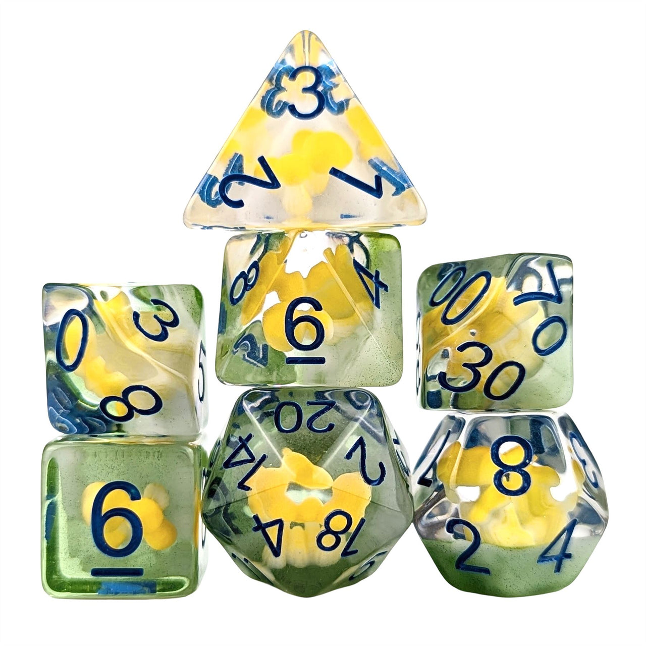 Yellow Mashroom in Clear & Green Resin - 7pcs RPG Full Dice Set