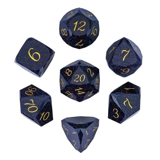 7pcs Dice Gem Stone Goldstone Facet Gold Font Blue