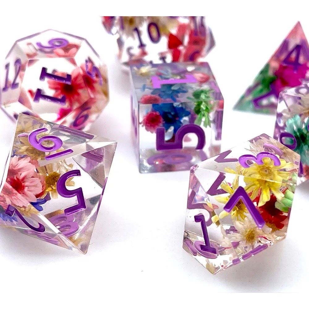 Flowers in Clear Filled Sharp Resin - 7pcs RPG Dice Set