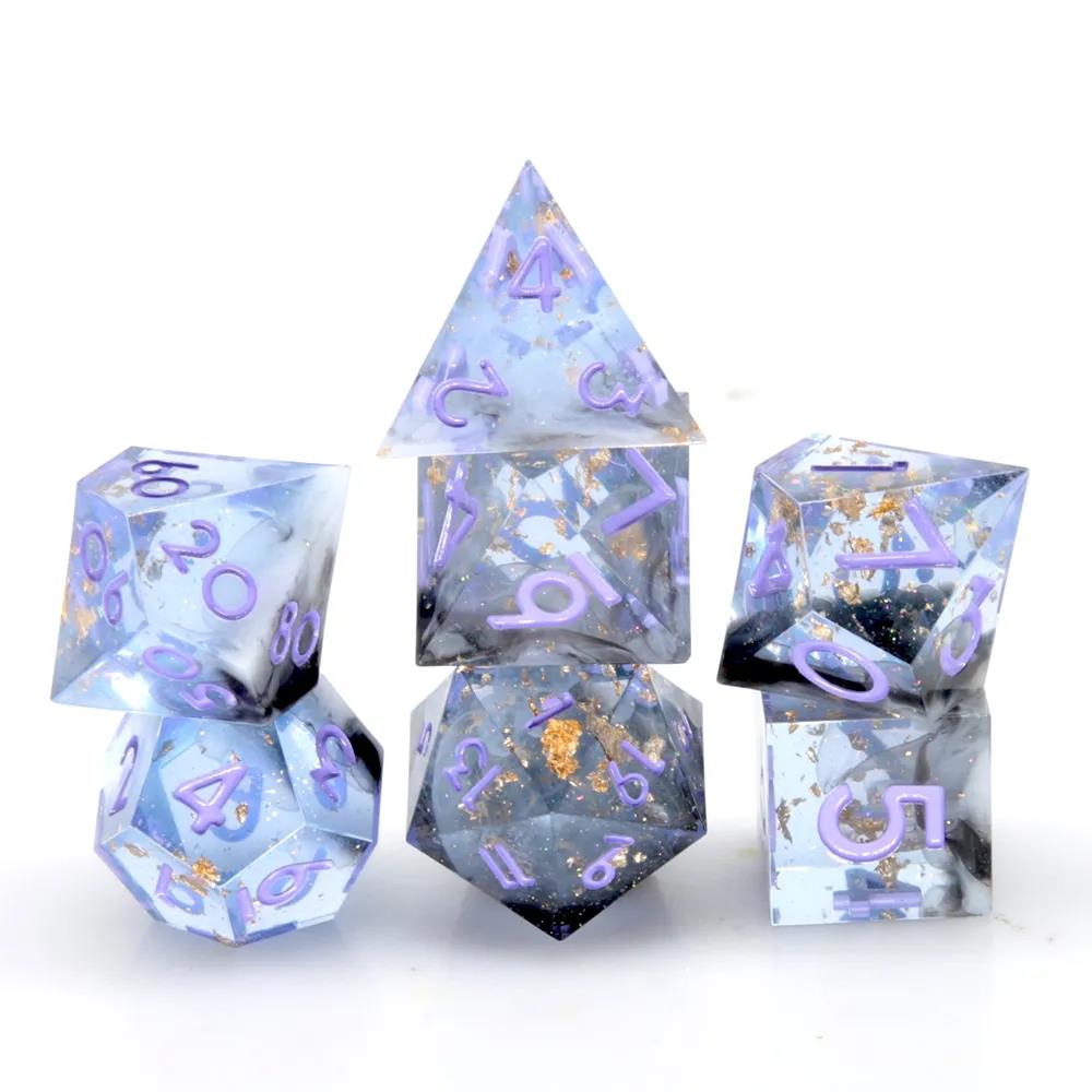 Purple Swirl in Black, White & Clear with Gold Foil Sharp Resin - 7pcs RPG Dice Set