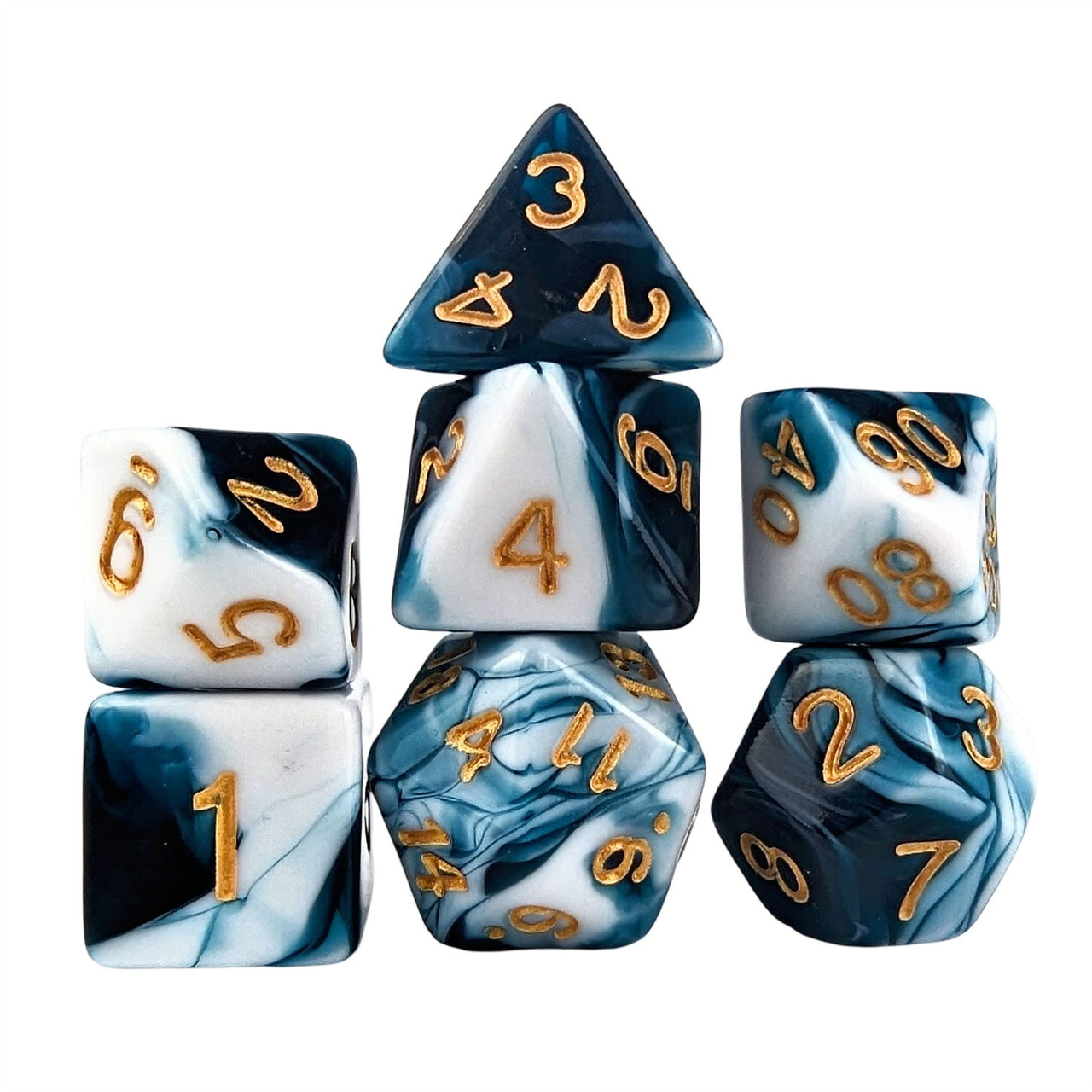 Blend of White & Blue Acrylic - 7pcs RPG Full Dice Set White Stack