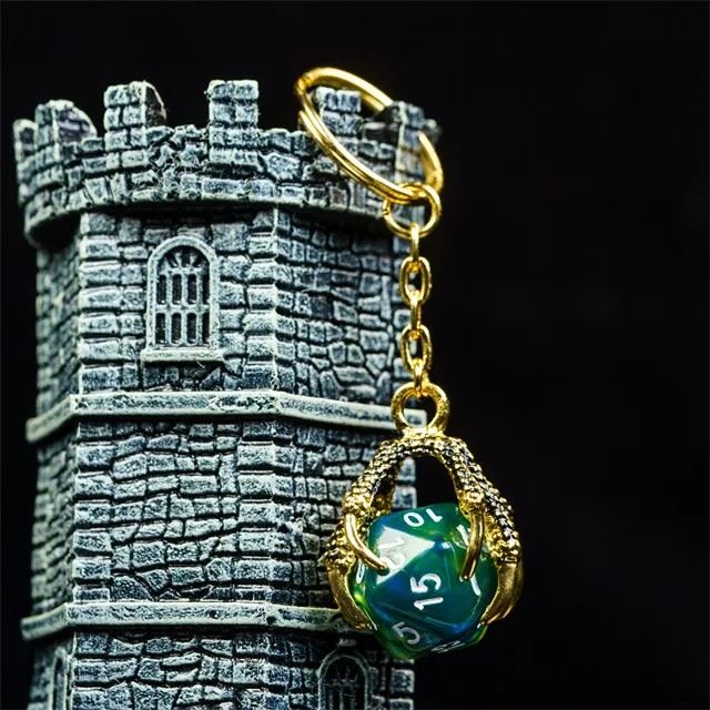 Green & Blue Acrylic in  Gold Metal Claw - D20 Keyring